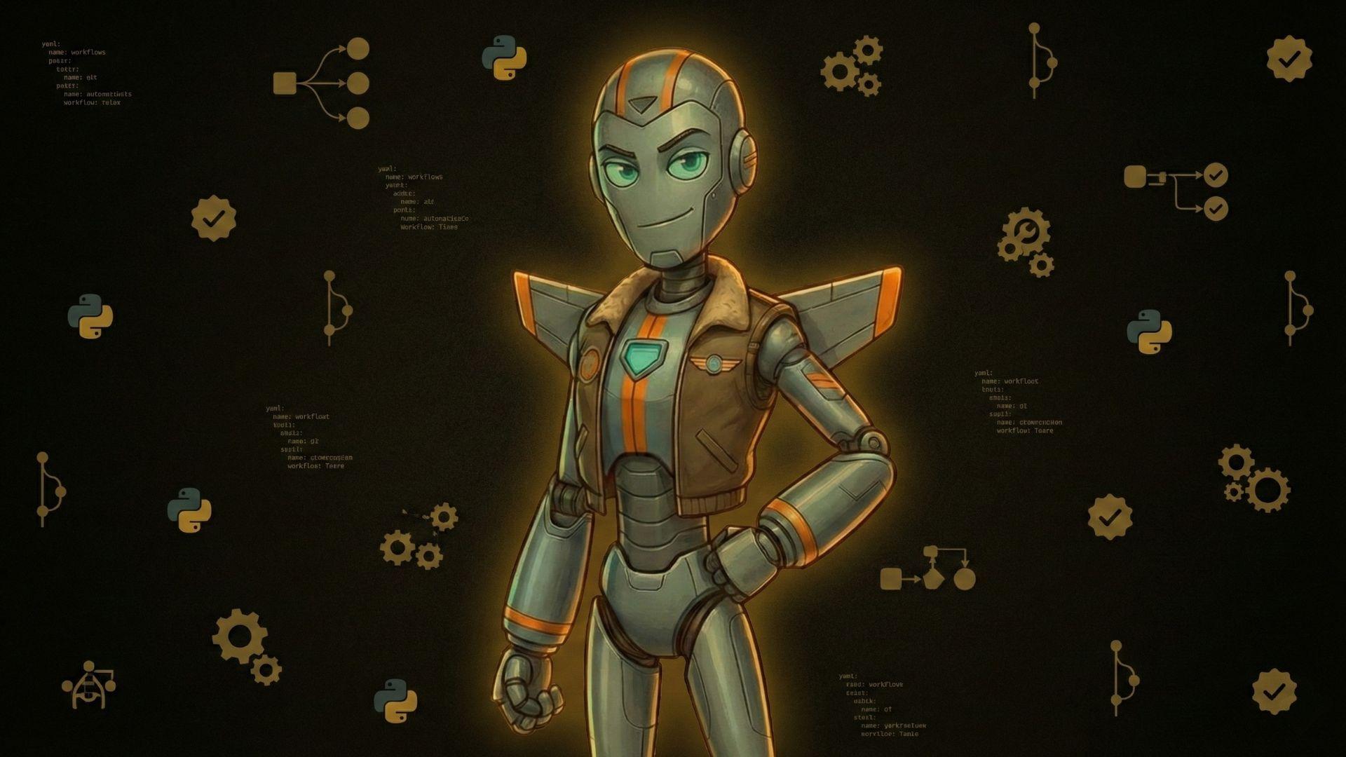 Maverick robot mascot - a sleek blue-gray humanoid robot with brass accents, surrounded by workflow and AI automation icons