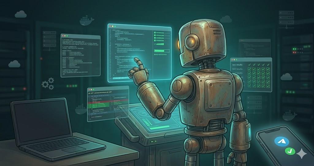 Remo working autonomously at a holographic workstation with a closed laptop on the desk and a phone showing notifications