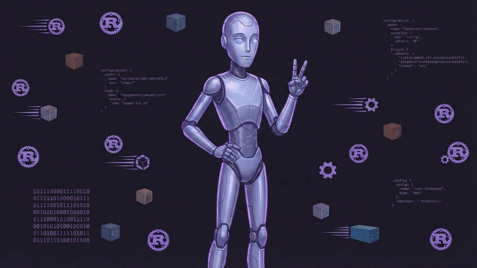 Deacon robot mascot - a tall elegant silver robot, surrounded by Rust and container icons