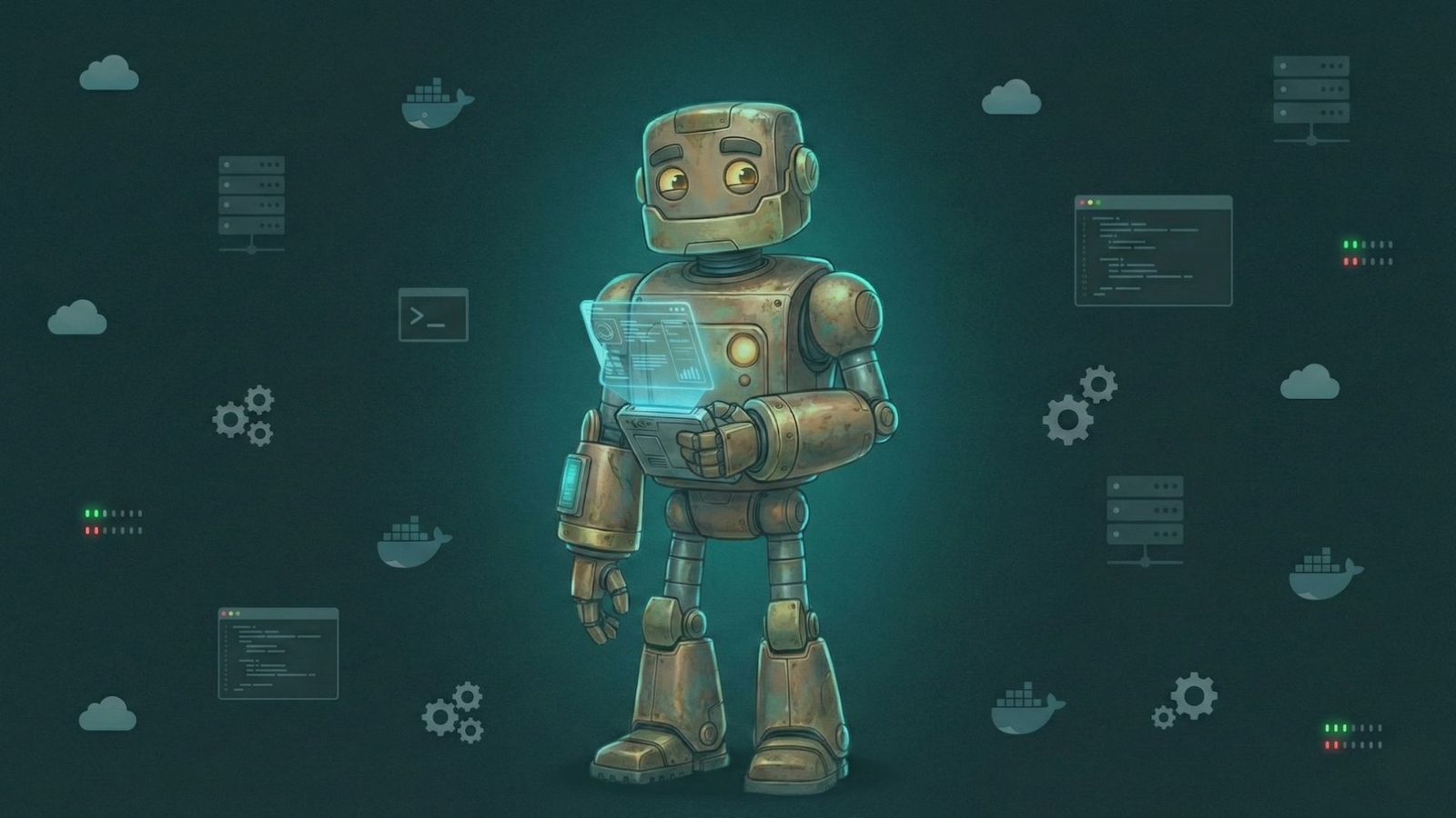 Remo robot mascot - a bronze industrial robot holding a holographic display, surrounded by cloud infrastructure icons
